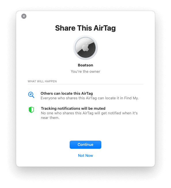 AirTag sharing setup screenshot