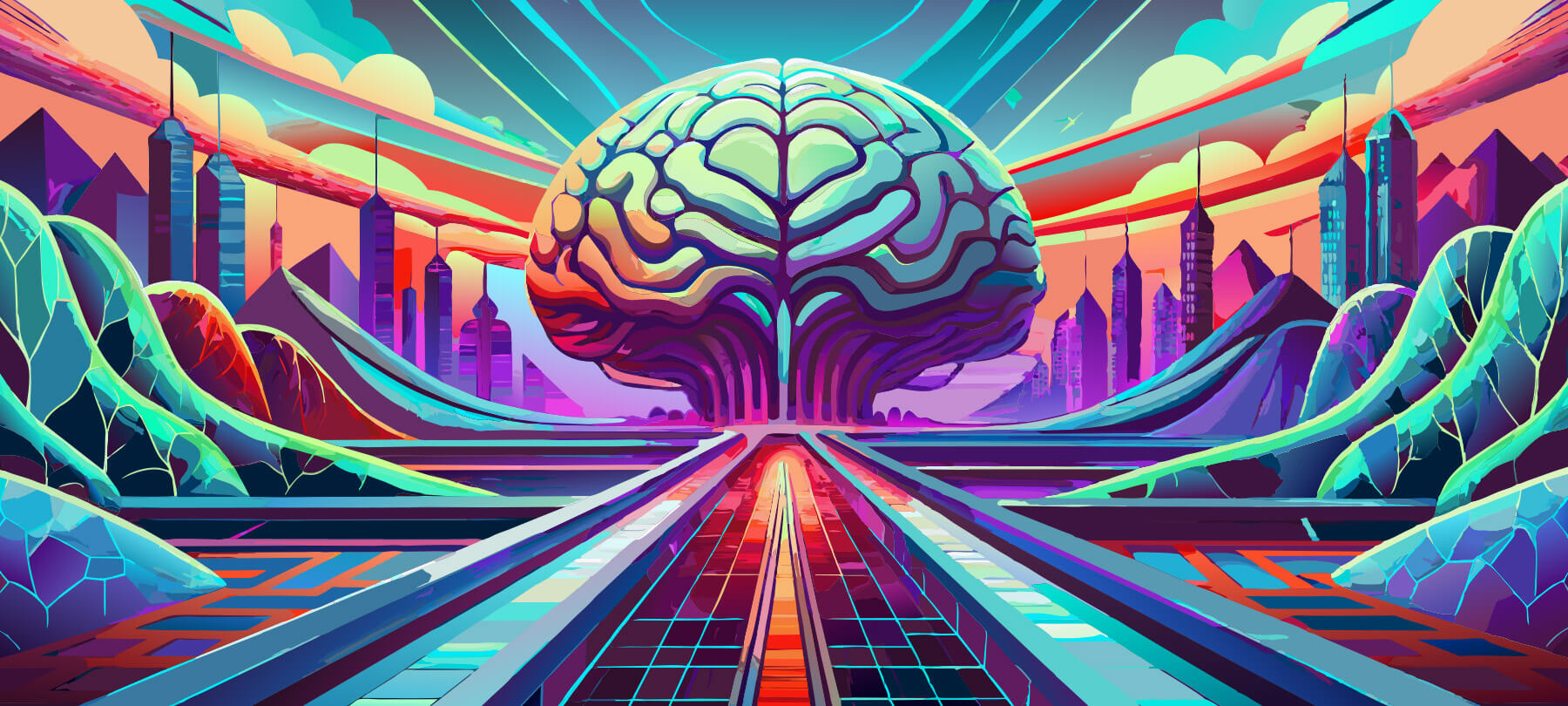 AI generated image. A large brain sits at the end of a long path, wiht a light coming from the stem of the brain. Surrounded by mountains, in vivid colors